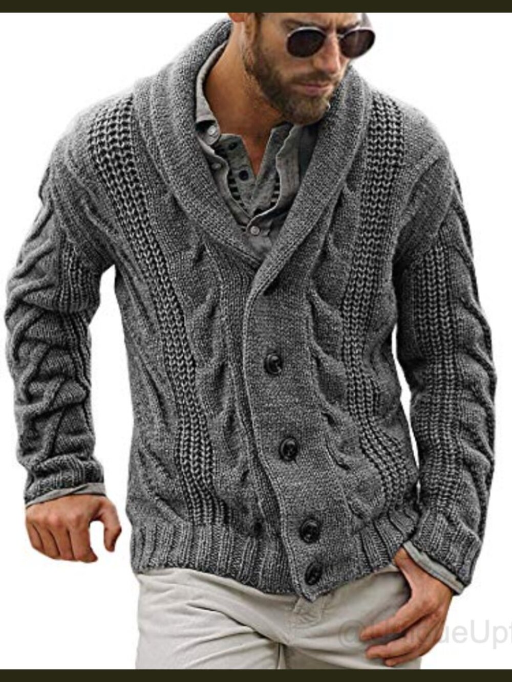 Mens Cable Knit Shawl Collar Cardigan Sweater Loose Fit Acrylic